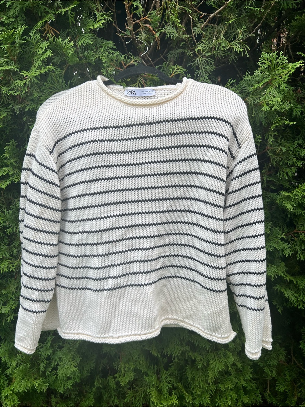 Zara Cream and Black Striped Crewneck Sweater